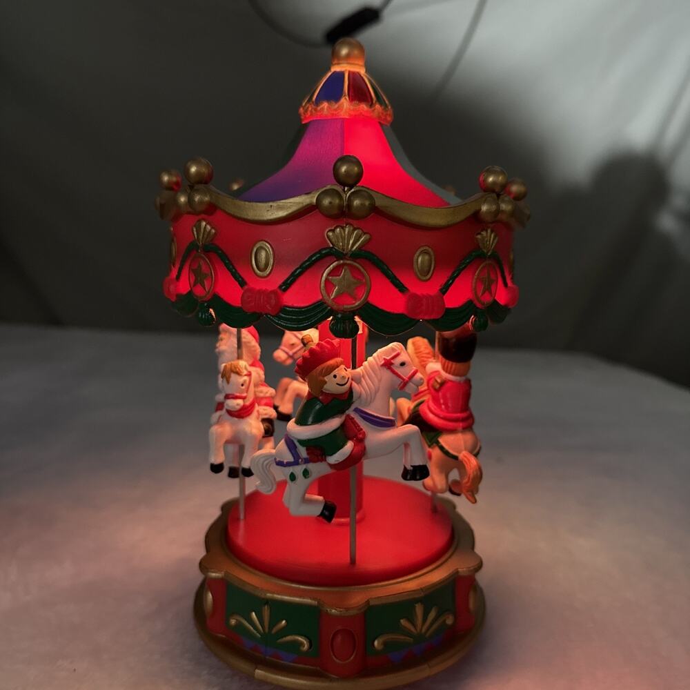 Vtg Carousel Santa Horse Elf Christmas Decor Lights Up Musical Bright NO SPIN